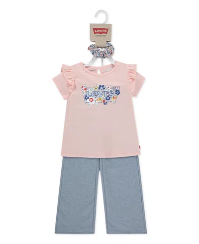 Levi's Girls 4t-6x Ruffle Shoulder Top, Pants And Scrunchie, 3-piece Set In Blue