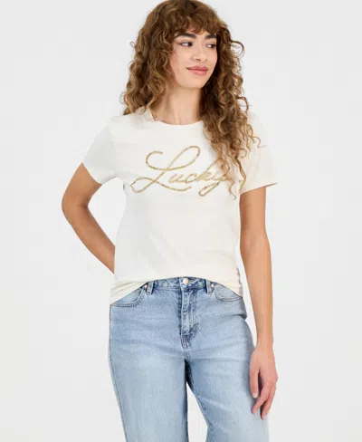 Lucky Brand Women's Beaded Lucky Script Classic Crewneck T-shirt In Gray