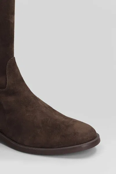 Julie Dee Low Heels Boots In Dark Brown Suede In Burgundy