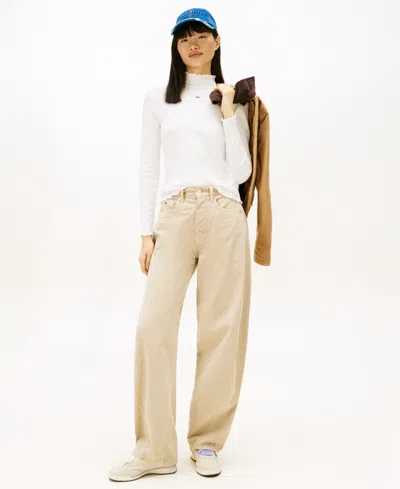 Tommy Jeans Women's Slim Ribbed Lettuce Edge Mock Neck Top In White