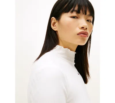 Tommy Jeans Women's Slim Ribbed Lettuce Edge Mock Neck Top In White
