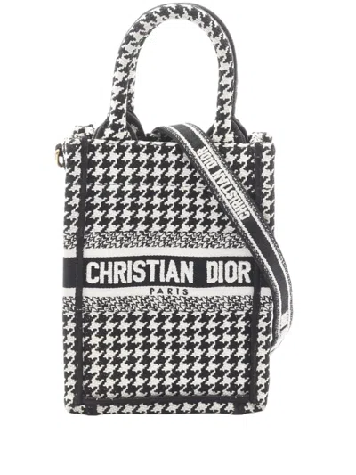 Pre-owned Dior 2010-2025 Mini Canvas Houndstooth Vertical Book Tote Satchel In Black