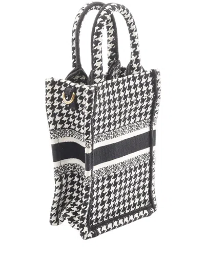 Pre-owned Dior 2010-2025 Mini Canvas Houndstooth Vertical Book Tote Satchel In Black