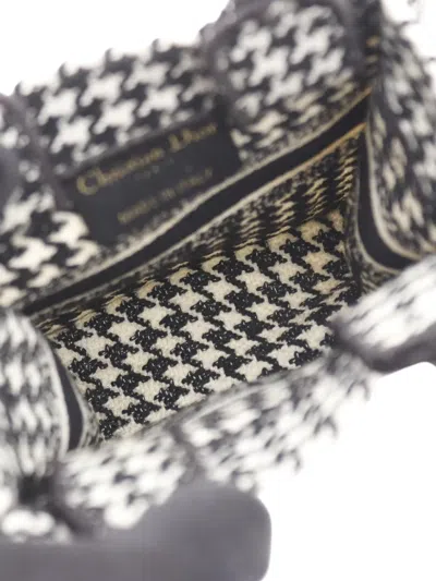 Pre-owned Dior 2010-2025 Mini Canvas Houndstooth Vertical Book Tote Satchel In Black