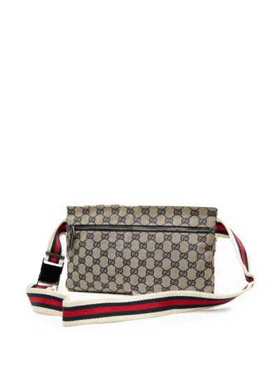Pre-owned Gucci 2000-2015 Gg Canvas Web Double Pocket Belt Bag In Brown