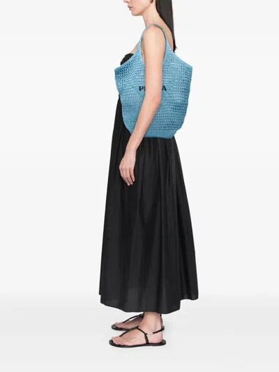 Pre-owned Prada 2000-2025 Raffia Effect Crochet Logo Embroidered Shopping Tote Bag In Blue