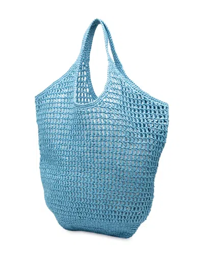Pre-owned Prada 2000-2025 Raffia Effect Crochet Logo Embroidered Shopping Tote Bag In Blue