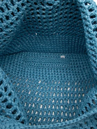 Pre-owned Prada 2000-2025 Raffia Effect Crochet Logo Embroidered Shopping Tote Bag In Blue