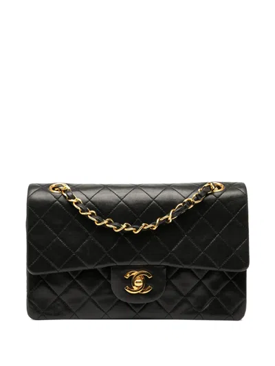 Pre-owned Chanel 1989-1991 Small Classic Lambskin Double Flap Shoulder Bag In Black