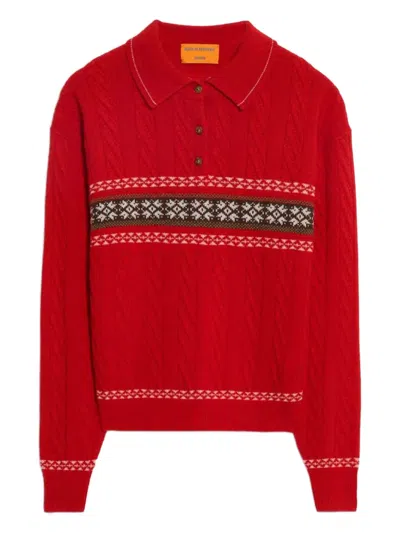 Guest In Residence Cable Collegiate Fair Isle Cable-knit Wool And Cashmere-blend Polo Sweater In Red