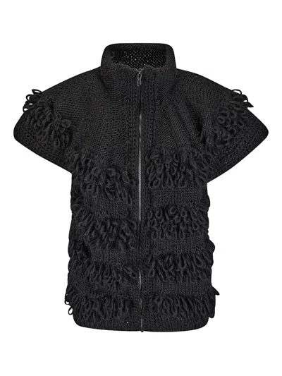 Handmade Fringed Zipped Cardigan In Black