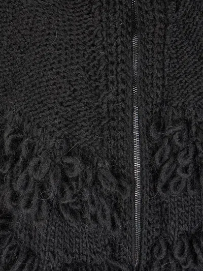 Handmade Fringed Zipped Cardigan In Black