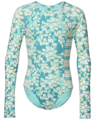 Roxy Girls' 7-16 Hibiscus Mirage Long-sleeve One-piece Swimsuit In Green