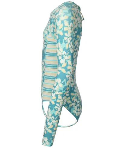 Roxy Girls' 7-16 Hibiscus Mirage Long-sleeve One-piece Swimsuit In Green