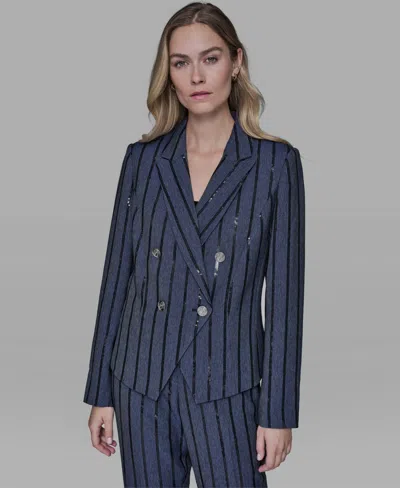 Karl Lagerfeld Women's Long-sleeve Sequin Stripe Jacket In Blue