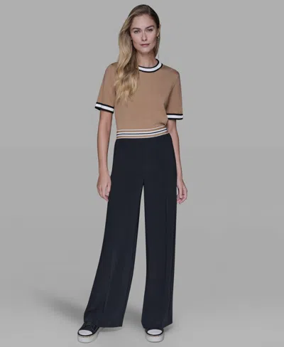Karl Lagerfeld Women's Striped Wide Leg Pull-on Pants In Black