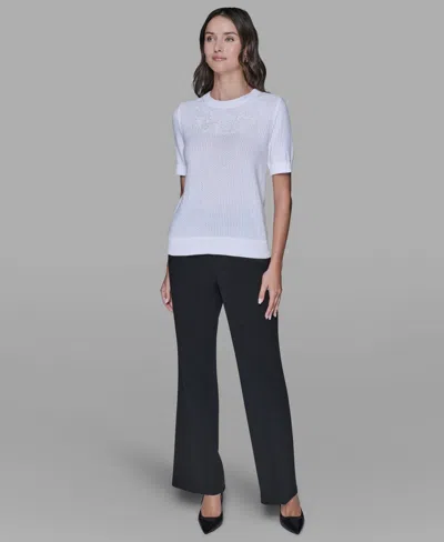 Karl Lagerfeld Women's Crewneck Floral Trimmed Sweater In White