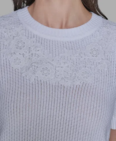 Karl Lagerfeld Women's Crewneck Floral Trimmed Sweater In White