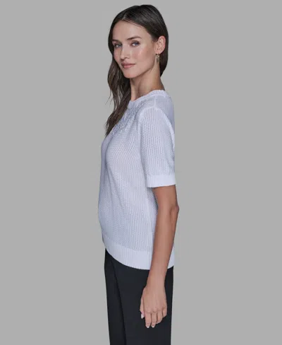 Karl Lagerfeld Women's Crewneck Floral Trimmed Sweater In White