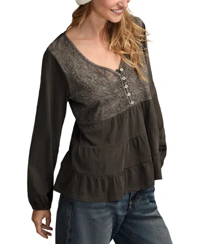 Lucky Brand Women's Embroidered Yoke Tiered Long-sleeve Top In Black