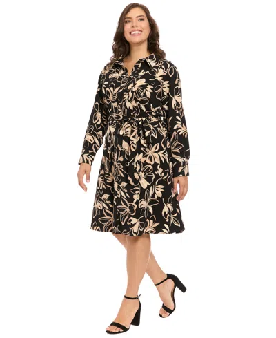 London Times Plus Size Collared Long-sleeve Shirtdress In Multi