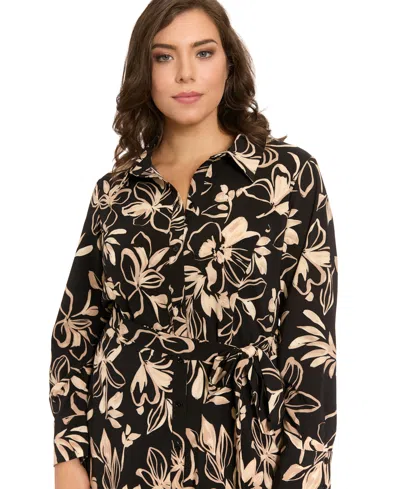 London Times Plus Size Collared Long-sleeve Shirtdress In Multi