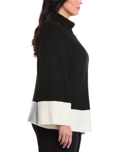 Rafaella Women's Plus Size Color Block Trim Turtleneck Long Sleeve Sweater In Black