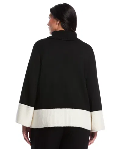 Rafaella Women's Plus Size Color Block Trim Turtleneck Long Sleeve Sweater In Black