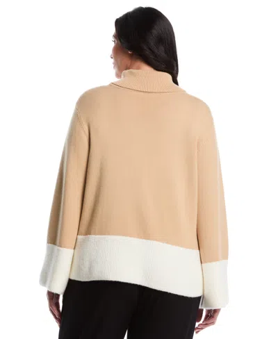 Rafaella Women's Plus Size Color Block Trim Turtleneck Long Sleeve Sweater In Brown