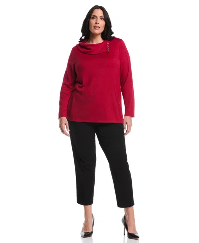 Rafaella Women's Plus Size Split Collar Long Sleeve Top In Red