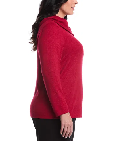 Rafaella Women's Plus Size Split Collar Long Sleeve Top In Red