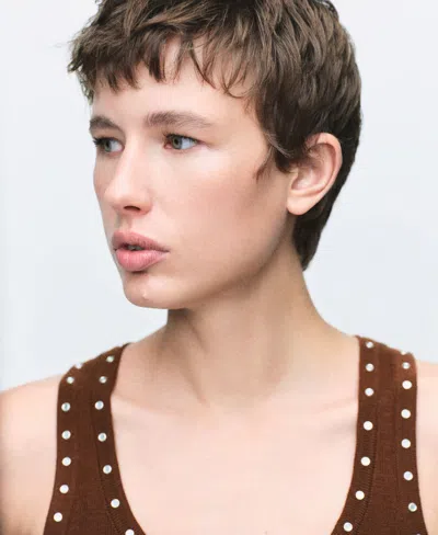 Mango Knitted Top With Studs Brown In Blue