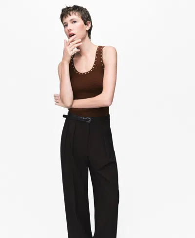 Mango Knitted Top With Studs Brown In Blue