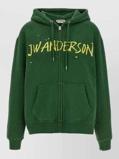 Jw Anderson Hoodie Print Hood Kangaroo Pocket Ribbed Cuffs In Green