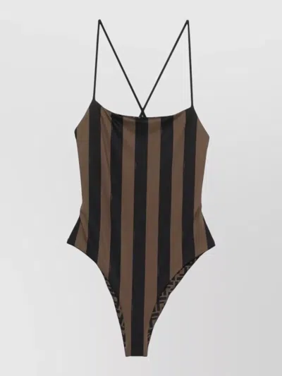 Fendi Reversible One Piece Swimsuit Striped Cross Back In Brown