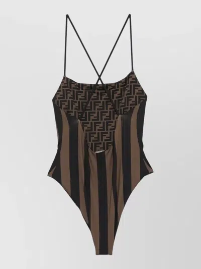 Fendi Reversible One Piece Swimsuit Striped Cross Back In Brown