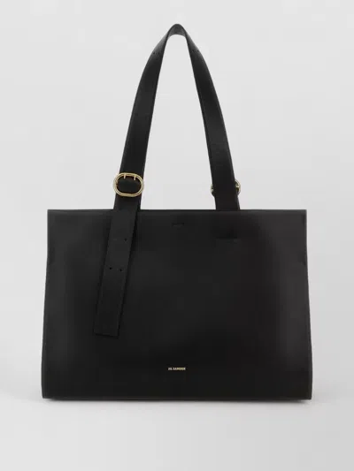 Jil Sander Black Shopping Rectangular Leather Tote In Black