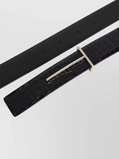 Tom Ford T-buckle Reversible Belt In Croc-embossed Leather In Black