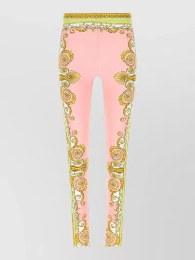 Versace Barocco Stretch Leggings Slim Cut Waistband In Pink