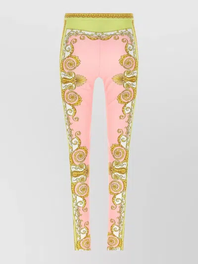 Versace Barocco Stretch Leggings Slim Cut Waistband In Pink