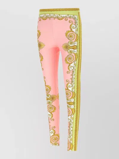 Versace Barocco Stretch Leggings Slim Cut Waistband In Pink