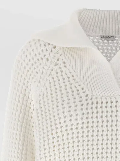 Brunello Cucinelli Openwork Sweater Long Sleeves Textured Knit In White