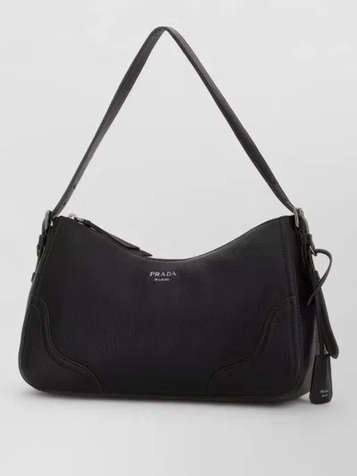 Prada Leather Shoulder Bag Curved Silhouette Strap In Black
