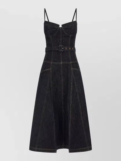 Self-portrait Denim Midi Dress Belted Waist Straps In Blue