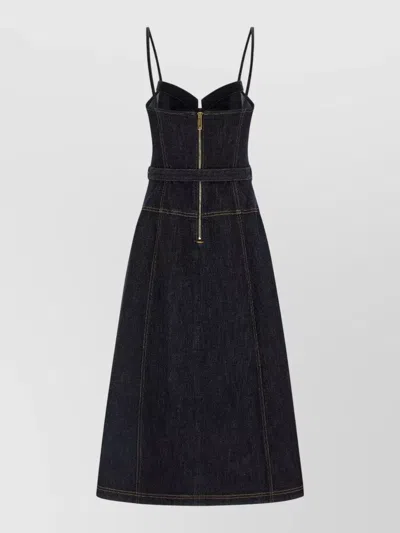 Self-portrait Denim Midi Dress Belted Waist Straps In Blue