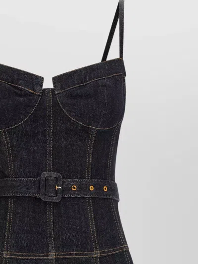 Self-portrait Denim Midi Dress Belted Waist Straps In Blue