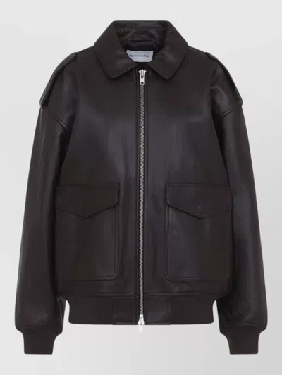 The Frankie Shop Leather Jacket Collared Design Epaulettes Pockets In Black