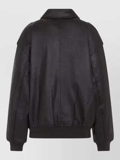 The Frankie Shop Leather Jacket Collared Design Epaulettes Pockets In Black