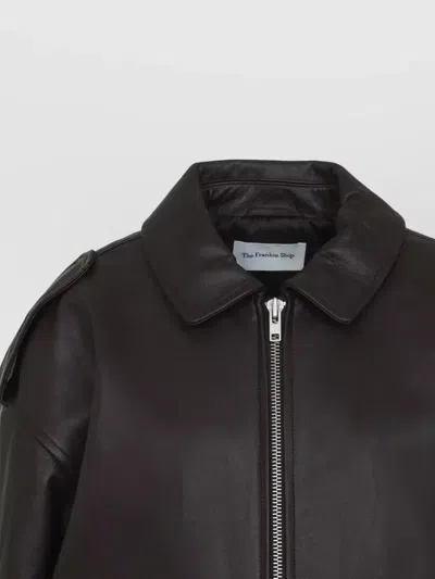 The Frankie Shop Leather Jacket Collared Design Epaulettes Pockets In Black