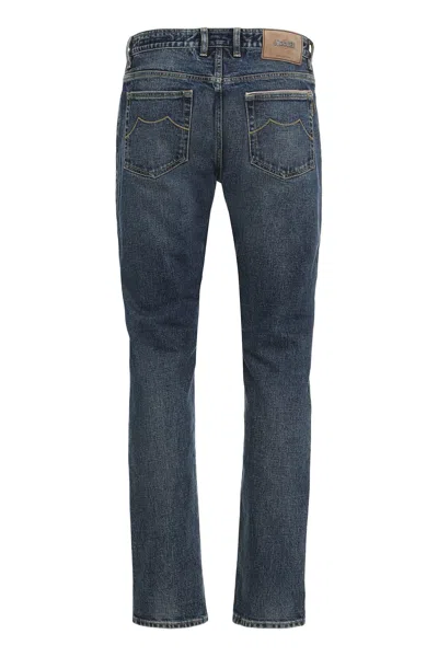 Moorer Dark Blue Straight Jeans Distressed Comfortable In Blue